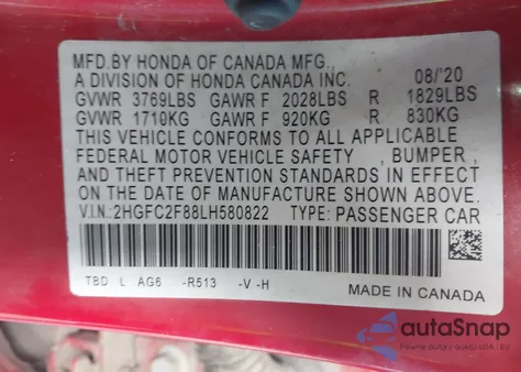 2020 Honda Civic Sport z USA, uszkodzony, nr VIN 2HGFC2F88LH580822